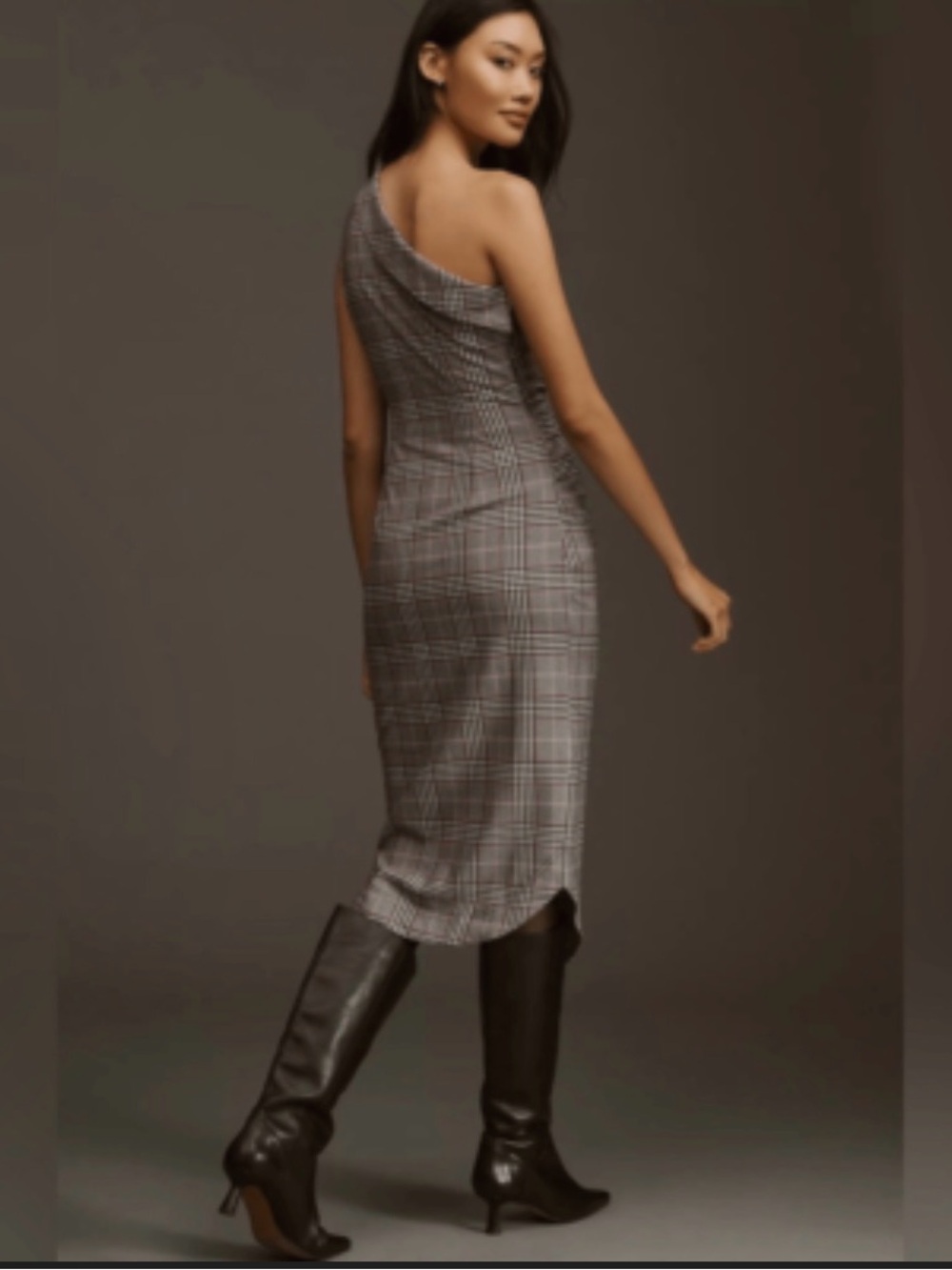 Anthropologie One-Shoulder Plaid Sheath Dress in Gray and Black - Picture 3 of 6